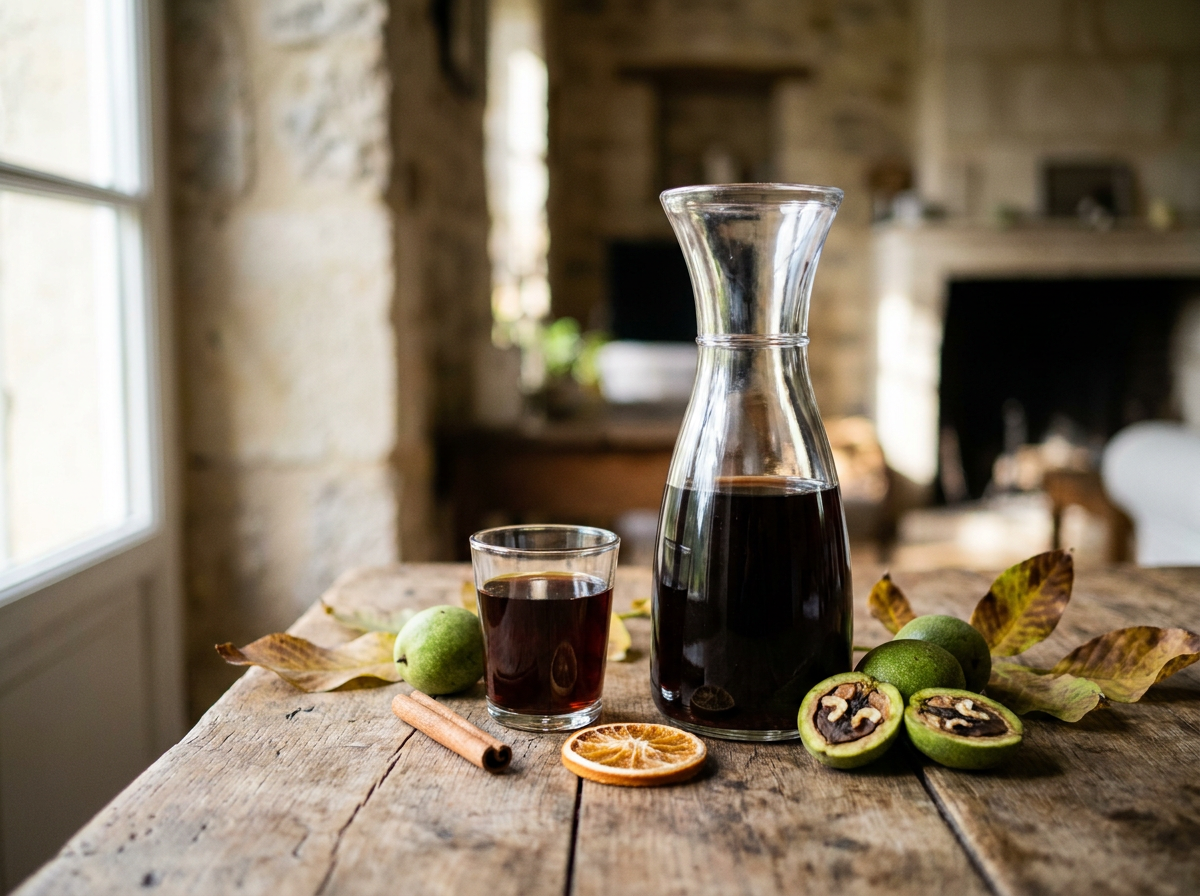 Carafe de vin de noix du Périgord brun acajou, noix vertes coupées et écorce d'orange sur une table automnale