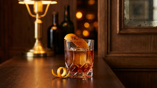 Verre bas contenant une boisson brun ambré profond sur un gros glaçon, large zeste d'orange brûlé sur le bord, comptoir de bois ciré sombre