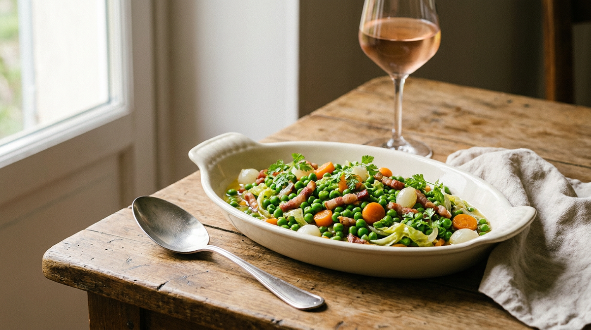 Petits pois carottes braisés aux lardons et petits oignons, plat ivoire, table de bois, verre de rosé