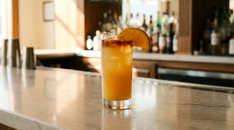 Harvey Wallbanger orange clair dans un grand verre plein de glaçons, fine couche ambrée en surface, demi-rondelle d'orange, comptoir de marbre clair, lumière de fin de matinée