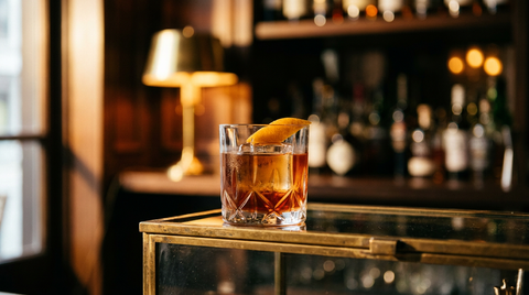 Old fashioned au cognac dans un verre à fond épais, gros glaçon et zeste d'orange, vitrine de laiton ancien
