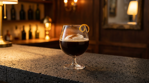 Mexican Coffee dans un verre à pied, crème et trait de cannelle, zeste d'orange, comptoir de pierre volcanique