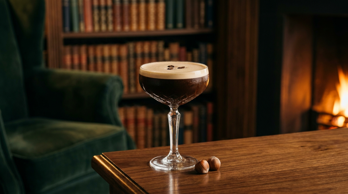 Cocktail noisette et café en coupe de cristal, robe brun très foncé sous une mousse beige, trois grains de café, sur le guéridon de noyer d'un salon-bibliothèque au coin du feu