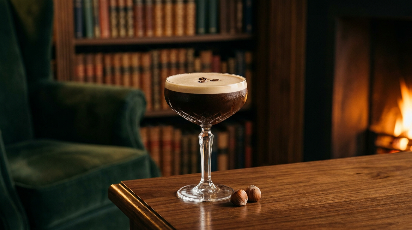 Cocktail noisette et café en coupe de cristal, robe brun très foncé sous une mousse beige, trois grains de café, sur le guéridon de noyer d'un salon-bibliothèque au coin du feu