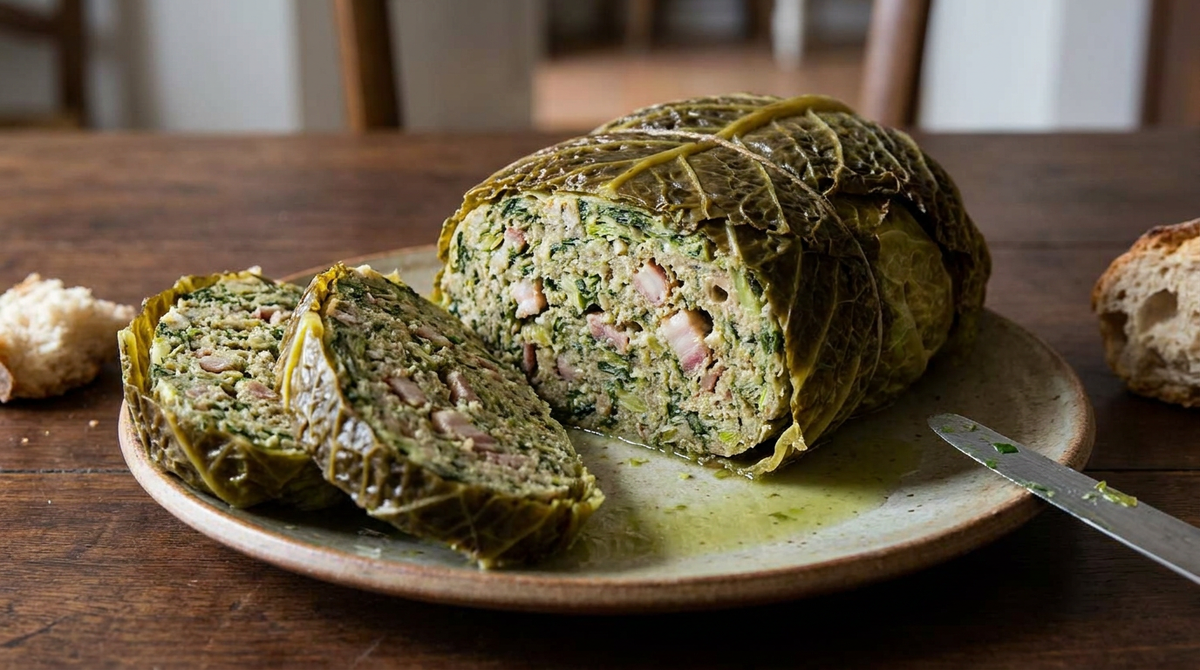 Farci poitevin tranché à la main, feuilles de chou fripées, farce verte grossière piquée de lard