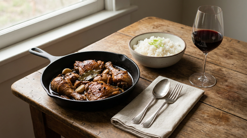Adobo de poulet philippin : vinaigre, sauce soja, ail et laurier, on ne remue pas tant que le vinaigre n'a pas bouilli, puis on réduit jusqu'au glaçage