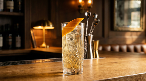 Grand verre rempli de glace et d'un vermouth tonic doré pétillant, large zeste d'orange arqué sur le bord, sur un comptoir d'orme ancien à la lumière du soir
