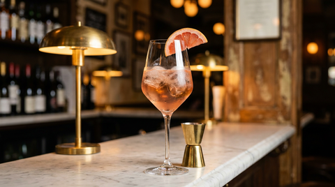 Cocktail rosé pamplemousse dans un grand verre à pied, quartier de pamplemousse, comptoir de marbre