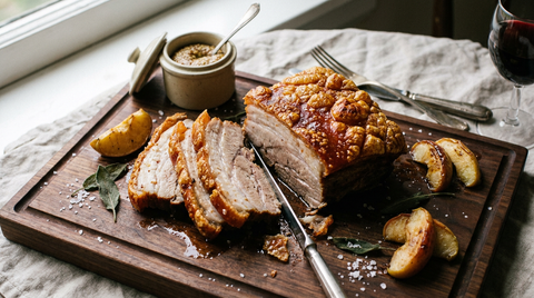 Poitrine de porc à la couenne soufflée et craquante, tranchée sur une planche avec des pommes rôties