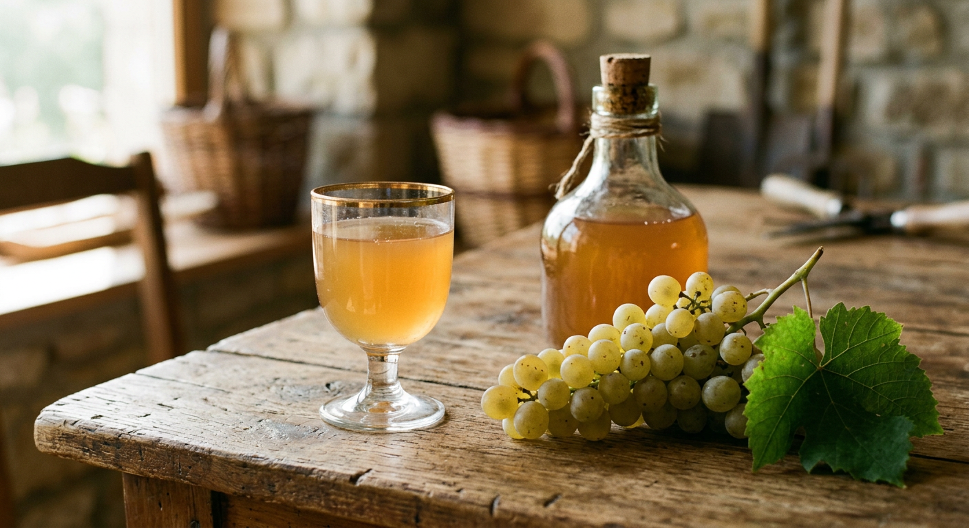 Verre à pied de liquide doré ambré légèrement trouble à côté d'une grappe de raisin blanc avec sa feuille de vigne et d'une petite bonbonne du même liquide, sur une table en bois
