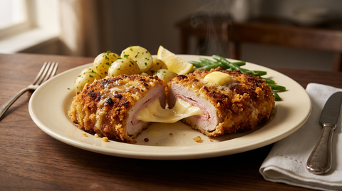 Cordon bleu maison ouvert, panure dorée et craquelée, fil de fromage fondu qui s'étire
