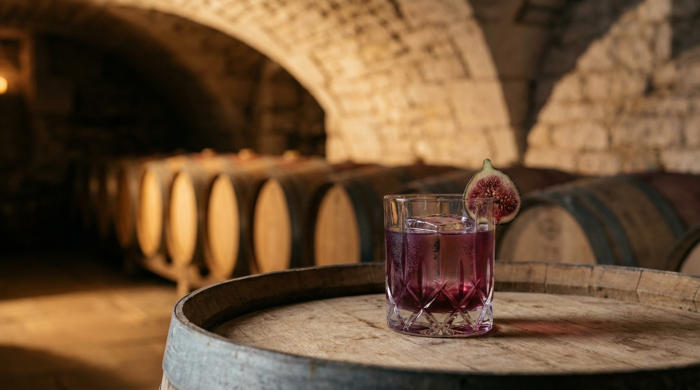 Cocktail à la figue fraîche en verre bas de cristal taillé, robe pourpre, demi-figue sur le bord, posé sur une tête de tonneau dans une cave voûtée en pierre