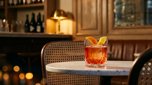 Comte de Sureau dans un verre bas en cristal taillé sur une table de bistrot en marbre, robe orangée, gros glaçon et zestes d'orange et de citron