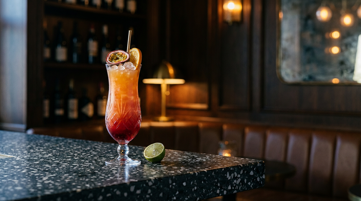 Virgin Hurricane en verre haut, dégradé rouge et orange, demi fruit de la passion, sur un comptoir de terrazzo