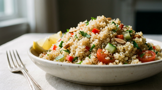 Salade de quinoa en grains légers aux germes déroulés bien visibles, dés de poivron et concombre, tomates cerises, herbes et amandes