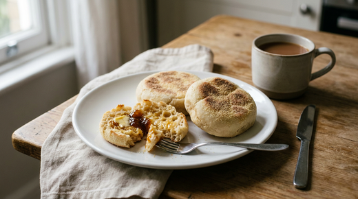 Trois English muffins maison dorés et saupoudrés de semoule, l'un ouvert à la fourchette montrant sa mie alvéolée grillée, beurre salé fondant et marmelade, couteau à plat, tasse de thé au lait en grès, table en bois