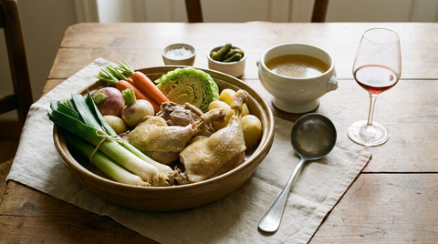 Grand plat de pot-au-feu de canard, cuisses et morceaux de canard pochés, poireaux liés, carottes, navets, chou et pommes de terre, soupière de bouillon doré, gros sel et cornichons, verre de vin rouge