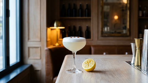 Gin sour en coupe, mousse blanche épaisse et trait de bitters, sur un comptoir de chêne blanchi