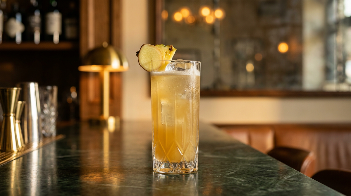Mocktail ananas gingembre dans un grand verre, rondelle de gingembre et quartier d'ananas, comptoir de marbre vert