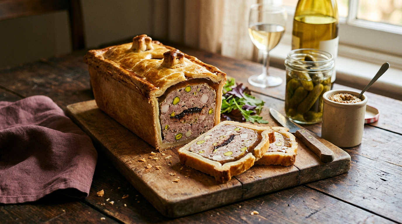 Pâté en croûte tranché sur une planche, farce aux pistaches et fine couche de gelée ambrée entre la farce et la pâte dorée