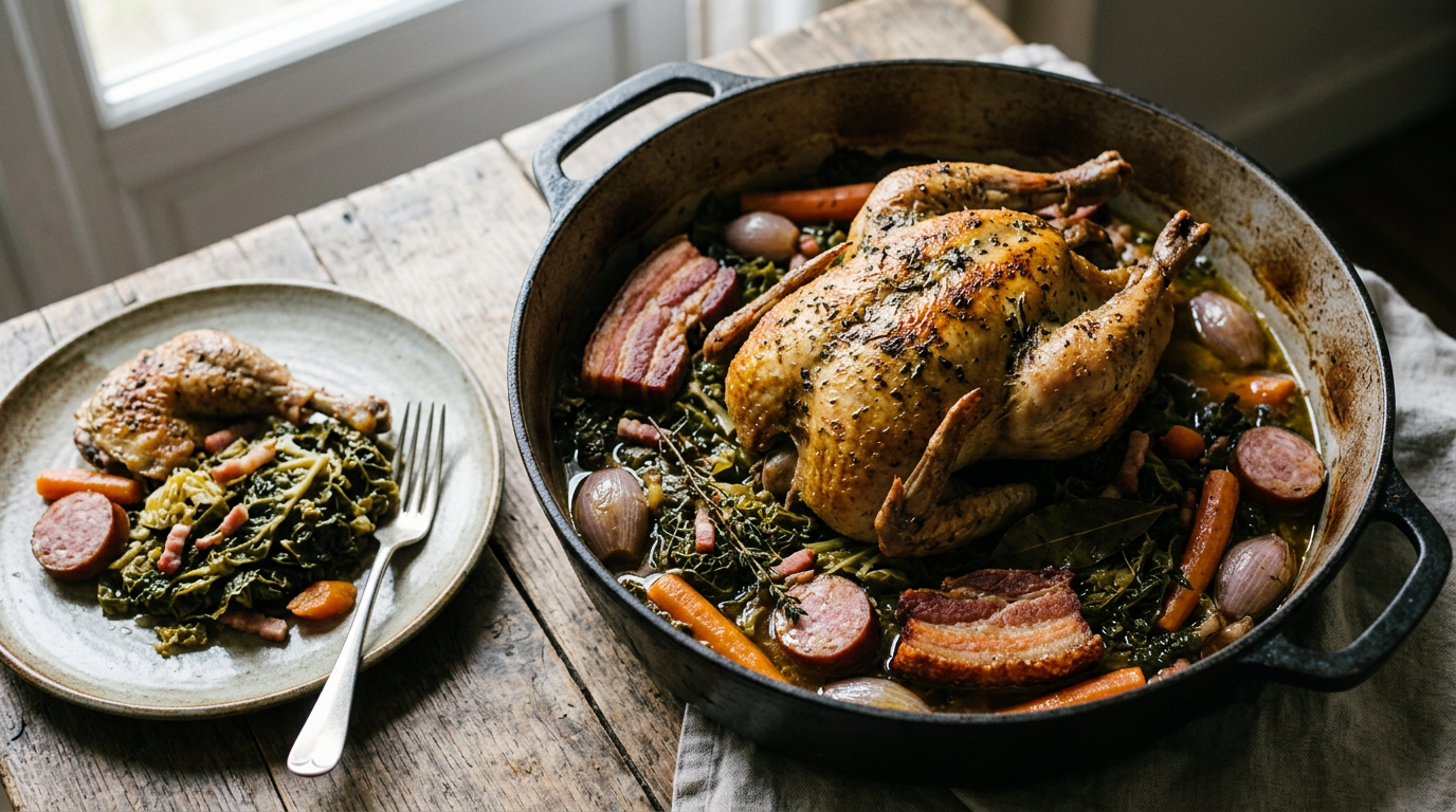 Pintade braisée entière dorée sur un lit de chou vert dans une cocotte en fonte, avec poitrine fumée, rondelles de saucisse fumée et carottes, assiette servie à côté