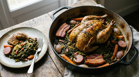 Pintade braisée entière dorée sur un lit de chou vert dans une cocotte en fonte, avec poitrine fumée, rondelles de saucisse fumée et carottes, assiette servie à côté