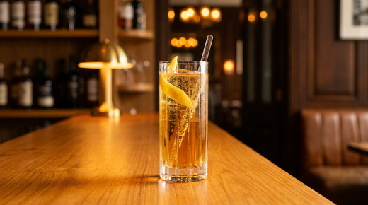 Cognac highball ambré pétillant en verre long, glaçon net et long zeste de citron, sur un comptoir de teck miel dans un bar chic