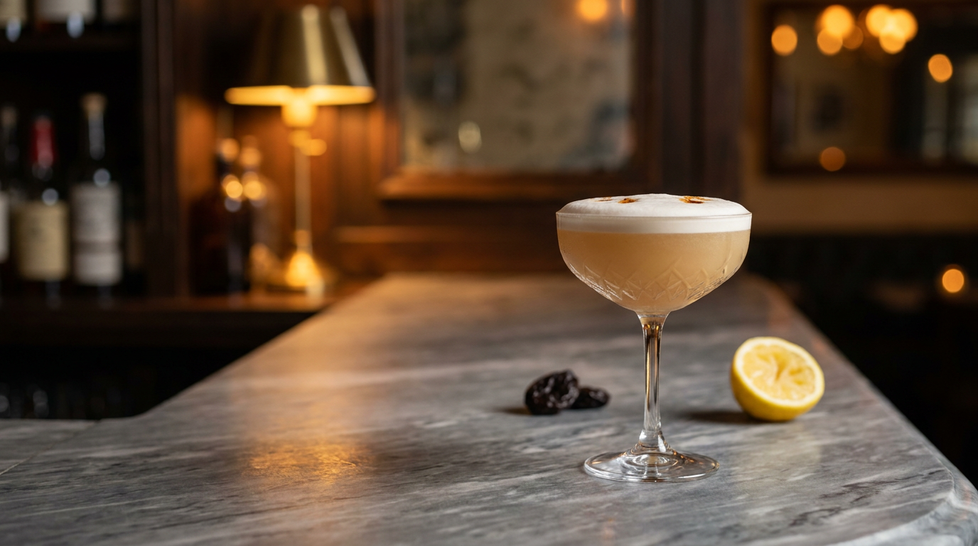 Vieille Prune sour en coupe, mousse blanche et trait de bitters, sur un comptoir de marbre gris