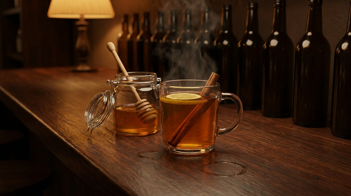 Verre à anse rempli d'un liquide ambré fumant avec un bâton de cannelle, pot de miel ouvert et cuillère à miel posés à côté, comptoir de bois ciré sombre, lumière chaude
