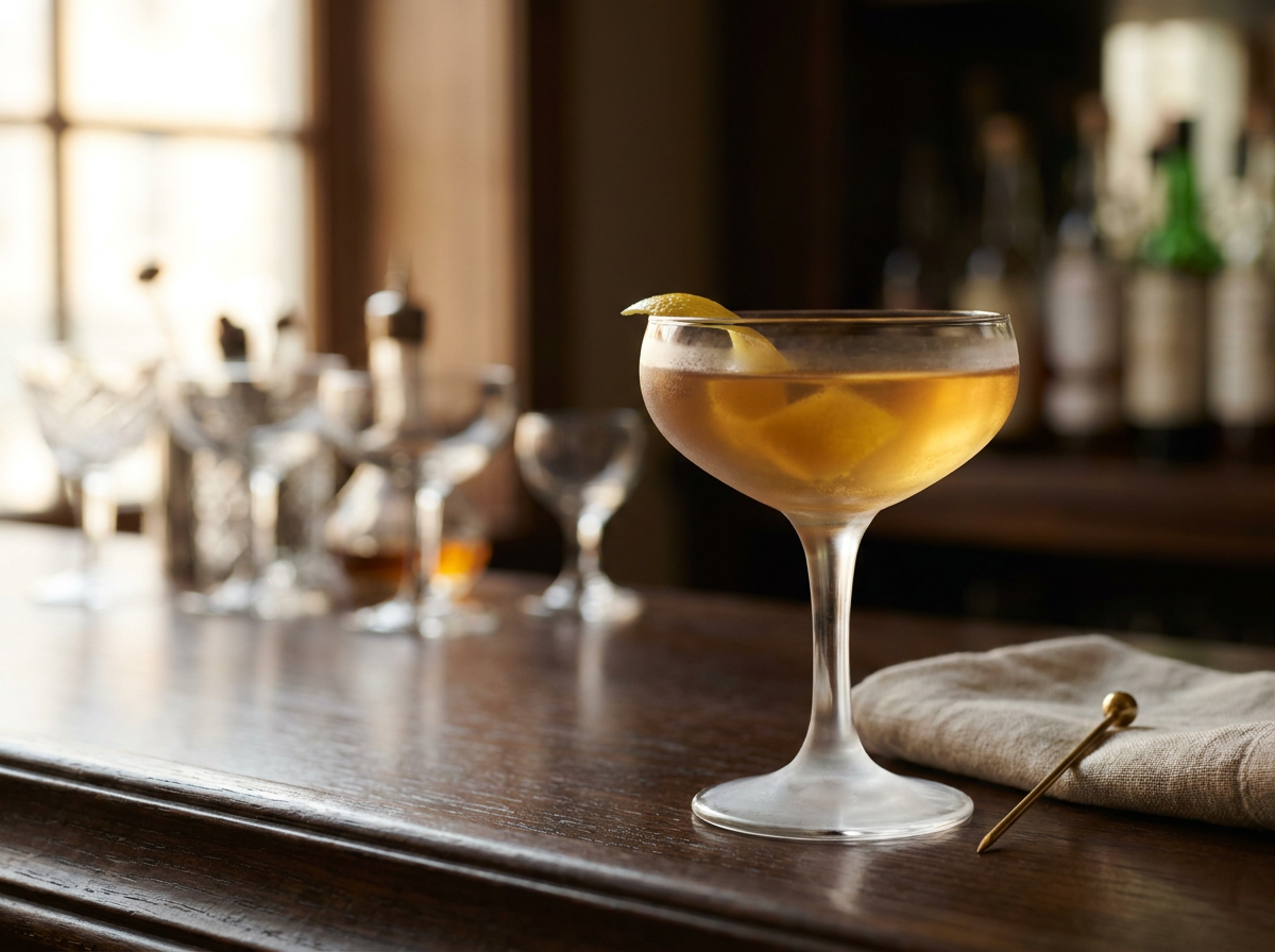 Cocktail Greenpoint dans un verre à cocktail, robe dorée ambrée et zeste de citron, lumière naturelle