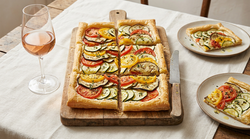 Tarte fine aux légumes du soleil : le feuilletage précuit sous une plaque pour rester plat et croustillant, les légumes à la mandoline dégorgés au sel, le chèvre en dessous