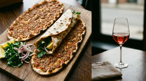 Deux lahmacun turcs, galettes fines couvertes de viande hachée épicée, une roulée avec du persil et de l'oignon, citron, planche de bois, verre de rosé