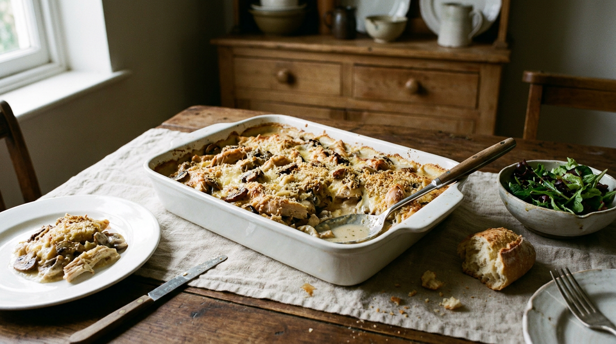 Plat à gratin en faïence blanche sorti du four, poulet rôti effiloché dans une sauce crémeuse aux champignons, croûte dorée de gruyère et de chapelure, cuillère de service, table de famille en bois