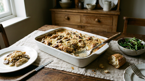 Restes de poulet rôti : le gratin du lendemain, crème et champignons