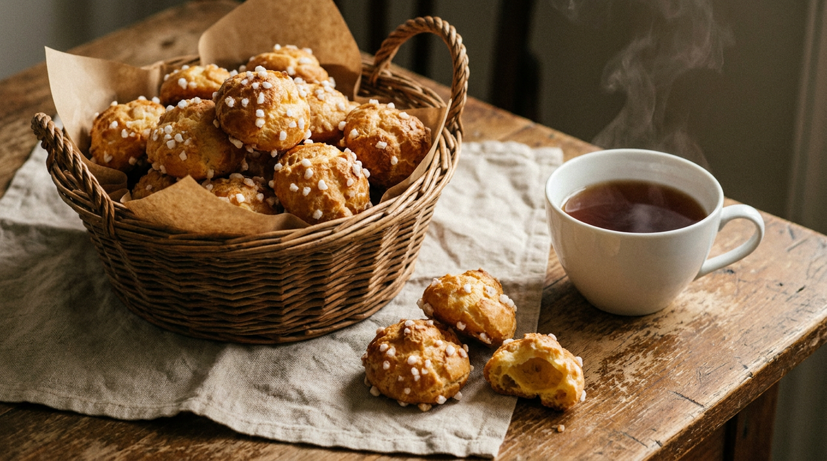 Panier de chouquettes dorées au sucre perlé, une ouverte montrant l'intérieur creux, table de bois, tasse de thé