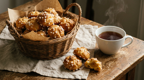 Panier de chouquettes dorées au sucre perlé, une ouverte montrant l'intérieur creux, table de bois, tasse de thé