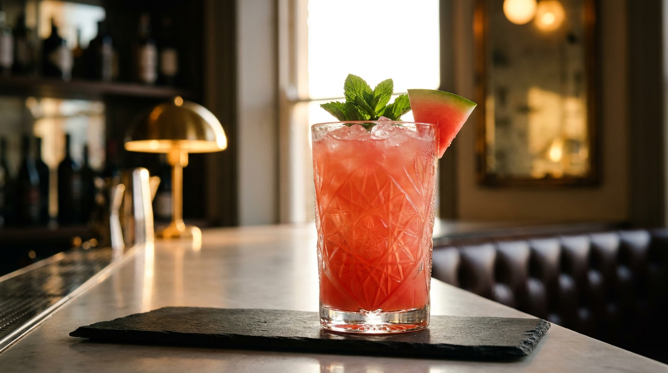 Verre haut de jus de pastèque rose vif sur glace pilée, bouquet de menthe et triangle de pastèque, plaque d'ardoise noire