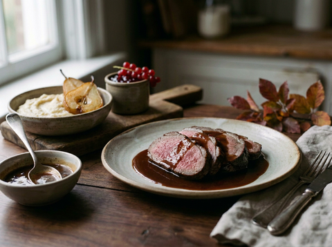 Tranches de rôti de chevreuil rosé nappées de sauce grand veneur, purée de céleri, poires poêlées et gelée de groseille