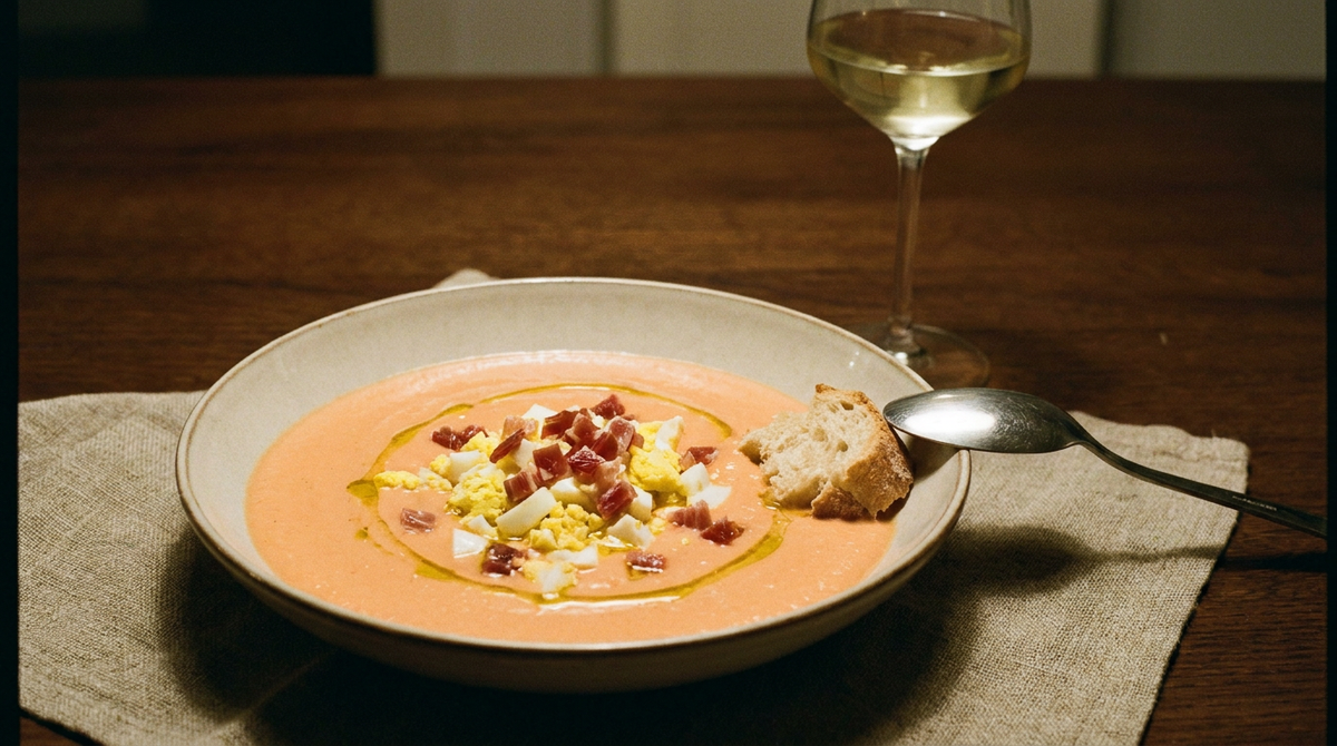 Assiette creuse de salmorejo de Cordoue, crème froide de tomate et de pain rose orangé, œuf dur haché, dés de jambon serrano et filet d'huile d'olive, morceau de pain, verre de vin blanc