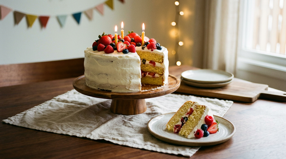 Layer cake d'anniversaire à trois étages de génoise vanille et chantilly au mascarpone, couvert de fruits rouges frais, une part coupée montrant les couches, bougies allumées, table de fête en bois, guirlande floue derrière