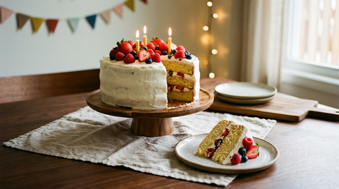 Layer cake d'anniversaire à trois étages de génoise vanille et chantilly au mascarpone, couvert de fruits rouges frais, une part coupée montrant les couches, bougies allumées, table de fête en bois, guirlande floue derrière