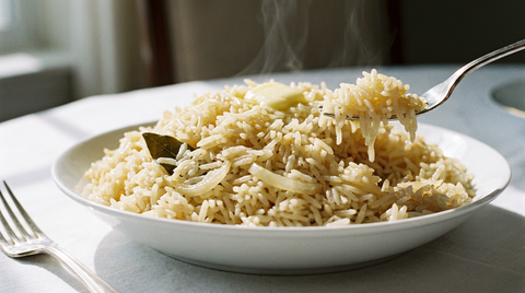 Riz pilaf aux grains longs parfaitement détachés et brillants dans un plat blanc, oignon fondu et feuille de laurier, fourchette qui soulève une portion