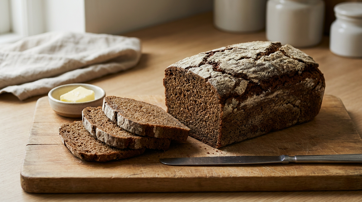 Pain de seigle maison entier à la croûte sombre craquelée, trois tranches montrant la mie brune serrée, beurre, couteau à plat, planche de bois