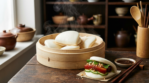 Petits pains bao blancs, lisses et ronds, pliés en deux comme des coquilles, dans un panier vapeur en bambou fumant, l'un ouvert et garni de porc laqué, de concombre et de coriandre, table de cuisine chinoise, lumière douce