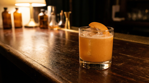 Verre bas rempli d'un liquide orangé opaque et onctueux sur un gros glaçon, tranche d'abricot posée dessus, comptoir de bois ciré sombre, lumière chaude et basse
