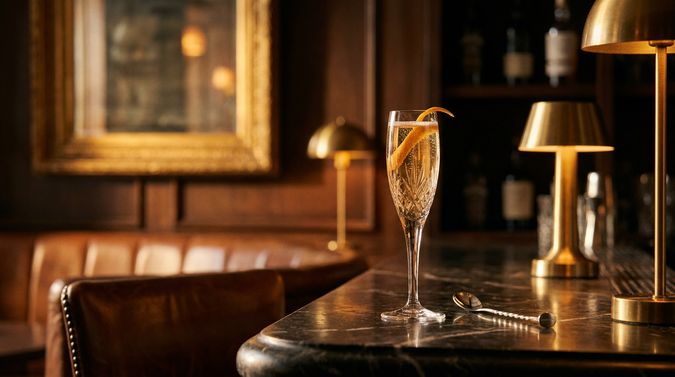 Flûte de Sparkling Gold, robe dorée et zeste d'orange, sur un comptoir de marbre sombre