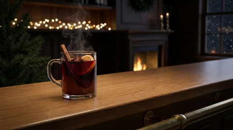 Mug en verre de vin chaud rouge fumant avec cannelle, badiane et rondelle d'orange, sur un comptoir de chêne à barre de laiton, guirlande et feu au fond