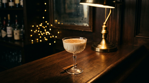 Coquito servi en petit verre à pied, cannelle râpée, sur un comptoir de chêne sombre