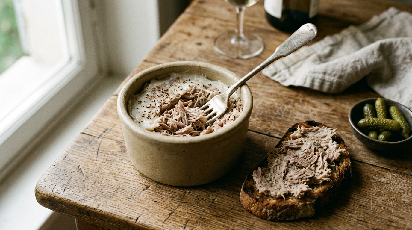 Rillettes de porc dans un pot en grès beige avec leur couche de graisse blanche et leurs fibres effilochées, fourchette ancienne plantée, tartine de pain grillé garnie et cornichons