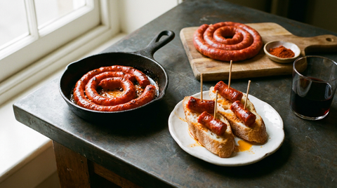Boudins de txistorra basque rouge vif saisis dans une petite poêle en fonte, graisse orange au paprika au fond, tronçons servis sur baguette avec des piques, le pain teinté d'orange, coil de txistorra crue et coupelle de paprika fumé